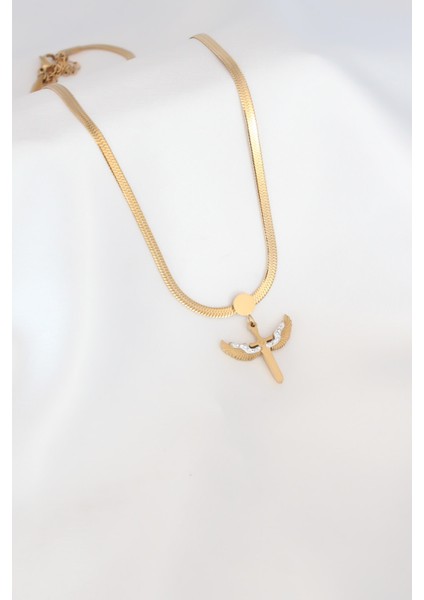 Mikail Figür Zirkon Taş Detay Gold Renk Çelik Italyan Zincir Kadın Kolye - Lisinya