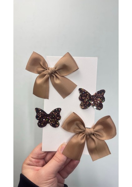 Acı Kahve Tonları Kurdele Kelebek Klips Toka Seti( 5/3 cm Metal Toka)