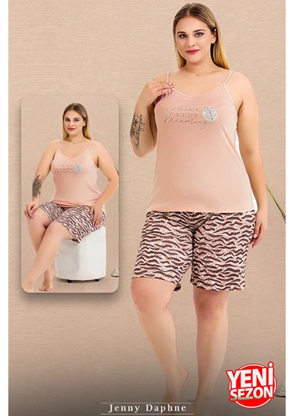 Lady Büyük Beden Zebra Tasarımlı Askılı Kolsuz Şortlu Pijama Takımı