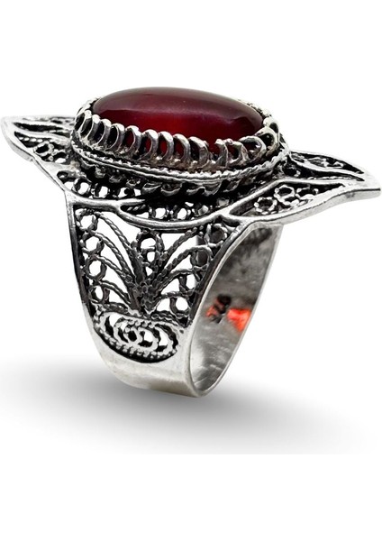 Otantik Oval Akik Taşlı Retro Gümüş Kadın Yüzük