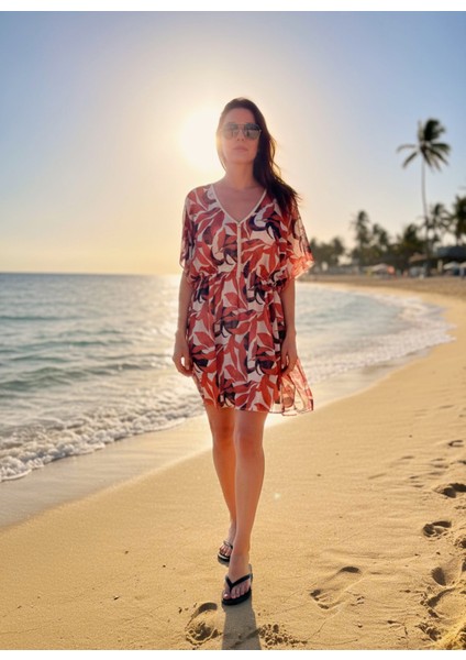 Bysen Yaprak Desenli Standart Beden Esnek Hafif Kadın Plaj Elbisesi fiyatları