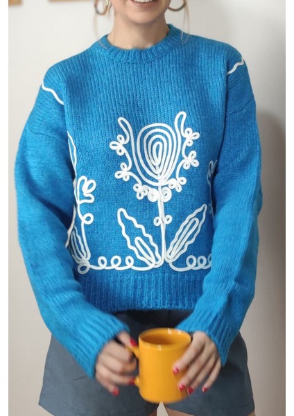 Nakışlı Mavi Yün Kazak Tasarım Kazak fiyatları