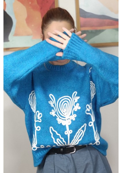 Nakışlı Mavi Yün Kazak Tasarım Kazak modelleri