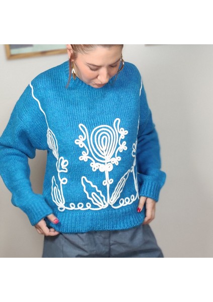 Nakışlı Mavi Yün Kazak Tasarım Kazak fırsatları