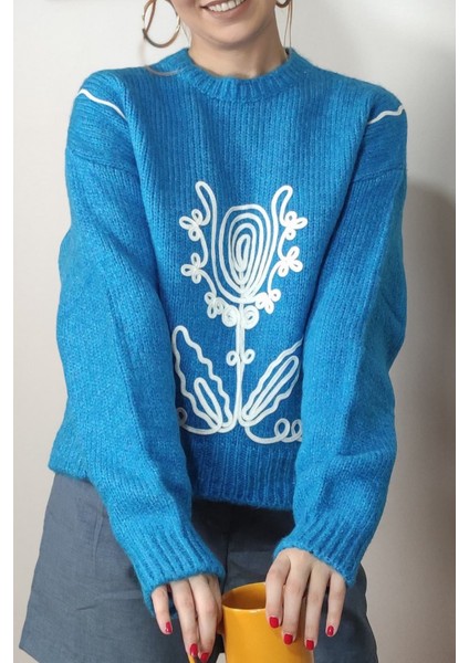 Nakışlı Mavi Yün Kazak Tasarım Kazak indirimleri