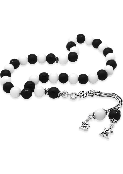 925 Ayar Gümüş Isme Özel Harf Püsküllü Küre Kesim Siyah Beyaz Jade Oniks Doğaltaş Taraftar Tesbih