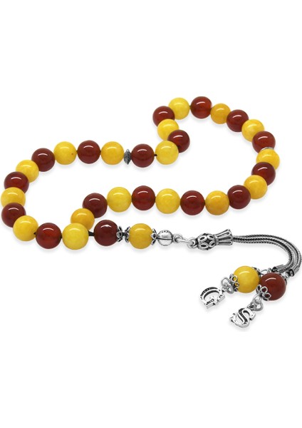 925 Ayar Gümüş Isme Özel Harf Püsküllü Küre Kesim Sarı Kırmızı Jade Akik Doğaltaş Taraftar Tesbih