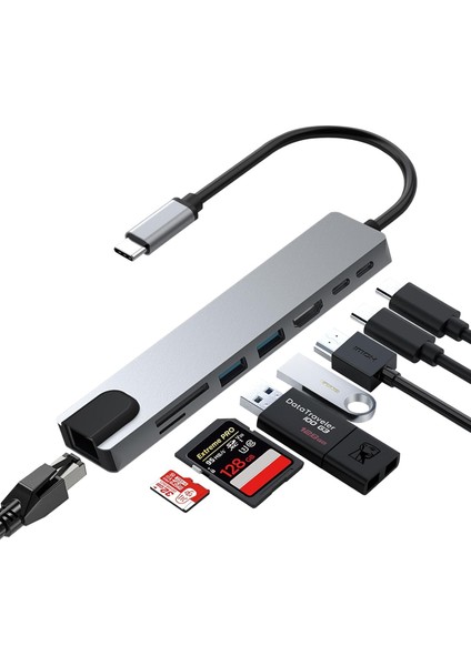 Pro Air Için USB Type-C Hub Dönüştürücü 8 In 1 Çoklayıcı - Hdmı, 2 Adet USB 3.0, 2 Adet USB C, Sd/microsd, Ethernet - Çevirici 8li Port USB C Bağlantı Noktası Ara Kablo