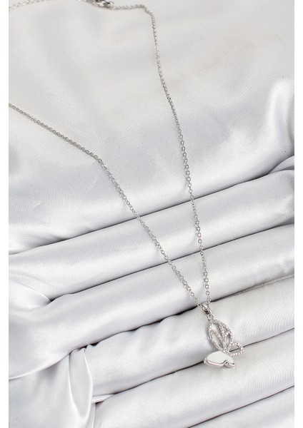 316L Çelik Zirkon Taşlı Kelebek Model Gümüş Renk Kadın Kolye - Lisinya fiyatları