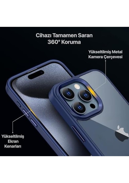 15 Pro Max Için Serisi Arkası Şeffaf Polikarbonat Kenarları Silikon Kamera Lens Çerçevesi ve Tuşları Metal Yüksek Kalite Şeffaf Silikon Kılıf (Mavi, Klasik) fiyatları