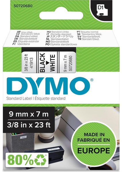 D1 Yedek Şerit, 9 mm x 7 Mt, Beyaz/siyah (40913)