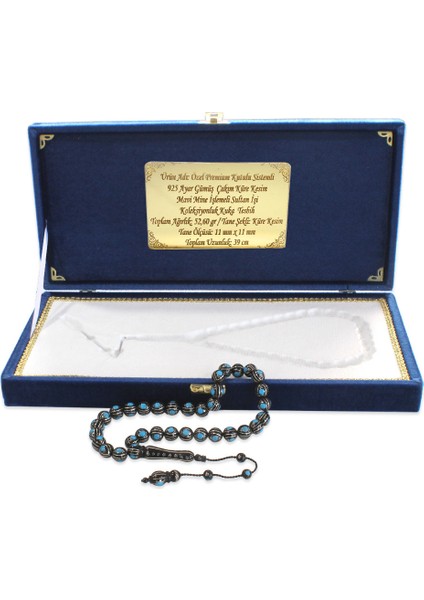 Premium Kutulu Sistemli 925 Ayar Gümüş Çakım Mavi Mine Işlemeli Sultan Işi Koleksiyonluk Kuka Tesbih