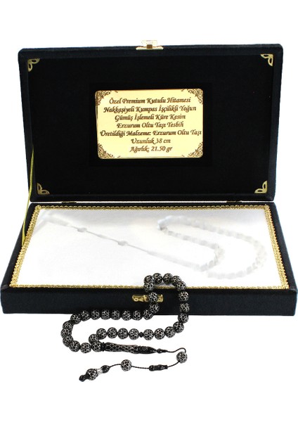 Premium Kutulu Hitame Nakkaş Kumpas Işçilik Yoğun Gümüş Işlemeli Küre Kesim Erzurum Oltu Taşı Tesbih