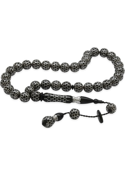 Premium Kutulu Hitame Nakkaş Kumpas Işçilik Yoğun Gümüş Işlemeli Küre Kesim Erzurum Oltu Taşı Tesbih fiyatları