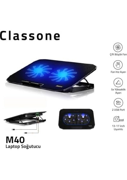 M40 Gaming Laptop Soğutucu Notebook Standı, Mavi Led,14-15.6-17 Inch Uyumlu, 2 Fan, 2 USB fiyatları