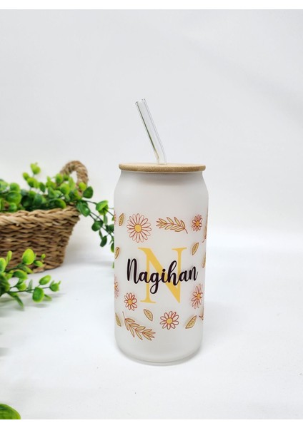 Isme Özel Kişiye Özel Bambu Kapaklı Papatya ve Yaprak Desenli Pipetli Buzlu Cam Bardak