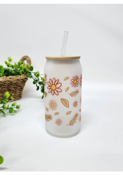 Isme Özel Kişiye Özel Bambu Kapaklı Papatya ve Yaprak Desenli Pipetli Buzlu Cam Bardak fiyatları