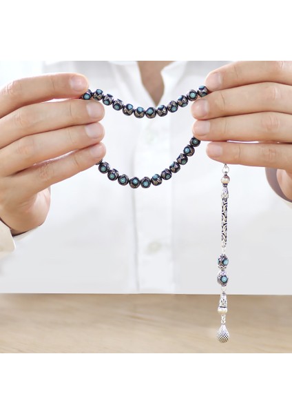 925 Ayar Gümüş Kral Zincir Püsküllü Gümüş Firuze Işleme Küre Kesim Erzurum Oltu Taşı Tesbih modelleri