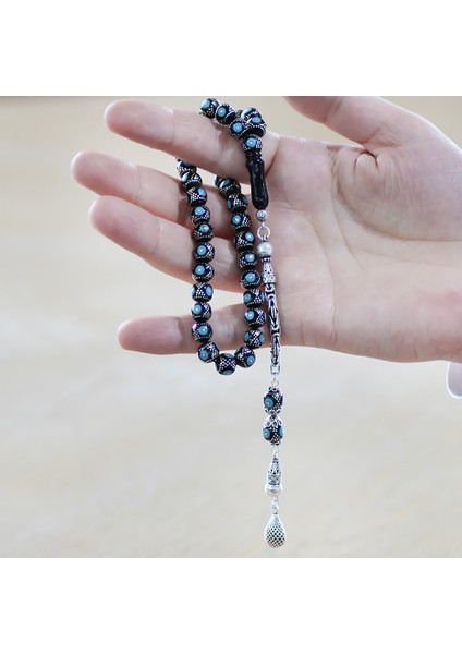 925 Ayar Gümüş Kral Zincir Püsküllü Gümüş Firuze Işleme Küre Kesim Erzurum Oltu Taşı Tesbih fırsatları