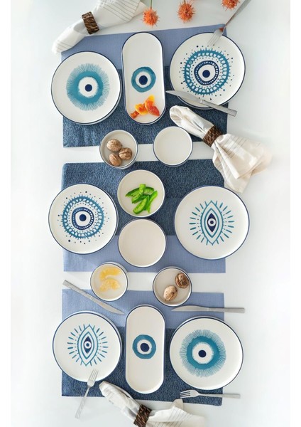 Seramik Hand 14 Parça 6 Kişilik Nazar Boncuklu Kahvaltı Takımı