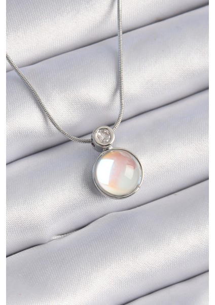 316L Çelik Gümüş Renk Beyaz Sedefli Vintage Model Kadın Kolye - Lisinya