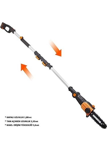 WG349E 20VOLT 2.0AH Li-Ion Tek Akülü 20CM Profesyonel Teleskobik Saplı Açı Ayarlı Zincirli Dal Budama fiyatları