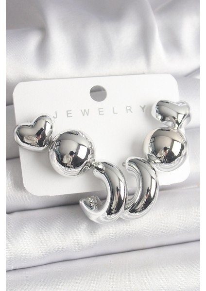 Gümüş Renk Kalp Halka Figür Ccb Plastik Kadın Küpe Seti - Lisinya