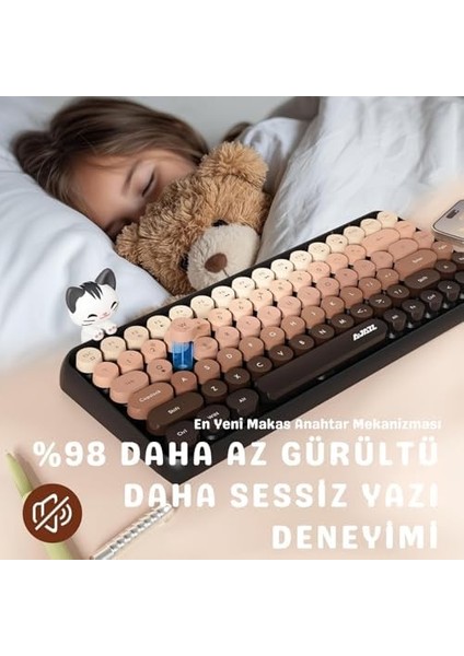 Kablosuz Bluetooth Retro Sessiz Klavye – Yuvarlak Tuşlu, Kedi Süs Aksesuarı, 84 Tuşlu, Taşınabilir, Akıllı Uyku Modu, Ergonomik Tasarım, Tablet Telefon Uyumlu, Ajazz AJ308I Kahverengi modelleri