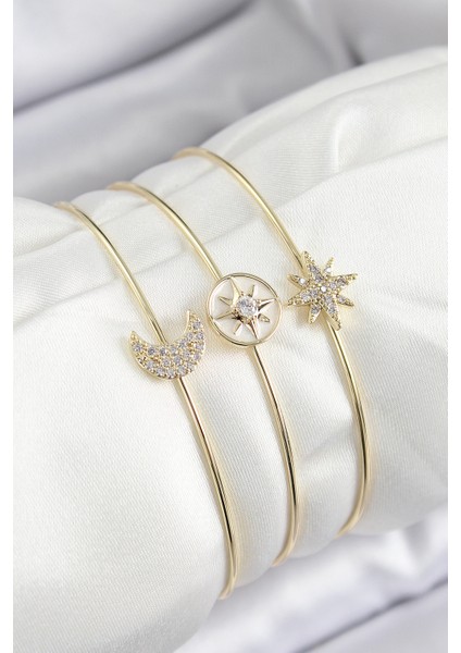 Pirinç Zirkon Taşlı Ay ve Kutup Yıldızı Model Gold Renk Vip 3'lü Kadın Bileklik - Lisinya