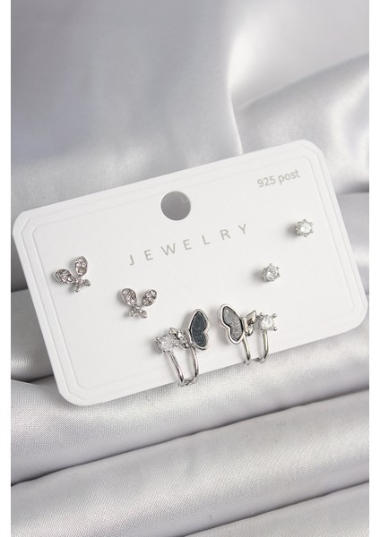 925 Ayar Gümüş Çivi Pirinç Gümüş Renk Zirkon Taşlı Kelebek Model Kadın Küpe Seti - Lisinya