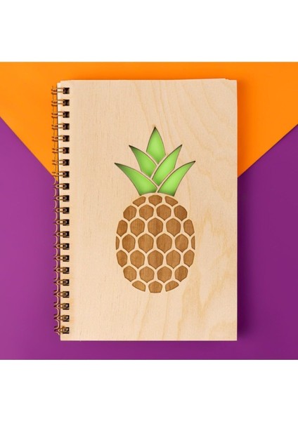 Ananas Tasarımlı Ahşap Kapaklı Defter 18 cm x 12 cm 48 Yaprak Not Defteri