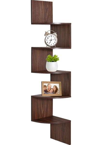 Köşe Rafı, 5 Katlı, Duvar Montajı Ceviz