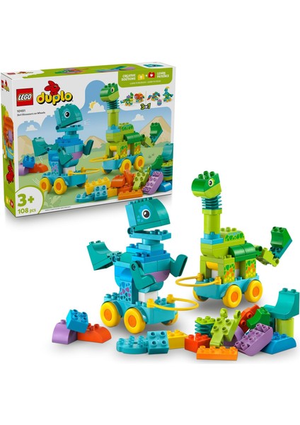 Kasabası 3’ü 1 Arada Tekerlekli Dinozorlar 10451 - Dinozor Seven 3 Yaş ve Üzeri Çocuklar Için Eğitici ve Yaratıcı Oyuncak Yapım Seti, Doğum Günü HEDIYESI(108 Parça)