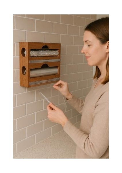 Akasya Ağacı Asılabilir Streç Film ve Folyo Kesici, Mutfaklarda Pratik ve Şık Çözüm Sunan, Duvara Monte Edilebilir Streçlik ve Folyoluk Aleti, Dayanıklı (2 Gözlü) modelleri