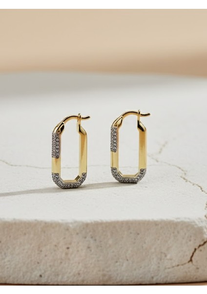 Altın Tonu Kare/oval Formda Mikro Zirkon Taşlı Halka Küpe modelleri