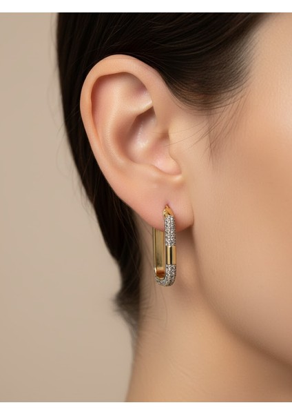 Altın Tonu Kare/oval Formda Mikro Zirkon Taşlı Halka Küpe fırsatları