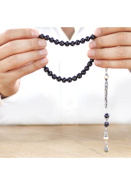 925 Ayar Gümüş Kral Zincir Püsküllü Gümüş Piramit Işlemeli Küre Kesim Erzurum Oltu Taşı Tesbih modelleri