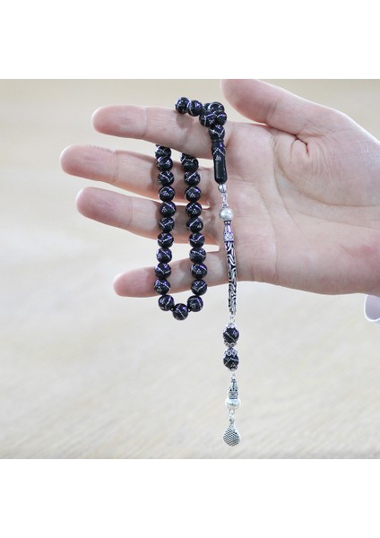 925 Ayar Gümüş Kral Zincir Püsküllü Gümüş Piramit Işlemeli Küre Kesim Erzurum Oltu Taşı Tesbih fırsatları