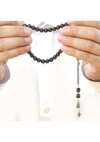 925 Ayar Gümüş Kral Zincir Püsküllü Gümüş Işlemeli Rus Oltu Tesbih fırsatları