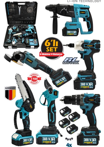German Şarjlı 4 Akülü 6'lı Makine Seti Matkap-Kırıcı Hilti-Taşlama-Somun Sökme-Dal Budama Makas Set