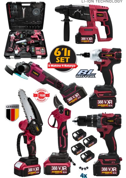 German Şarjlı 4 Akülü 6'lı Makine Seti Matkap-Kırıcı Hilti-Taşlama-Somun Sökme-Dal Budama Makas Set modelleri
