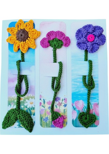 3&apos;lü El Örgüsü Çiçek Kitap Ayracı Seti - El Emeği Göz Nuru Ayçiçeği, Pembe ve Mor Çiçek Figürlü - Kitap Kurtlarına Özel Benzersiz Hediye Aksesuar