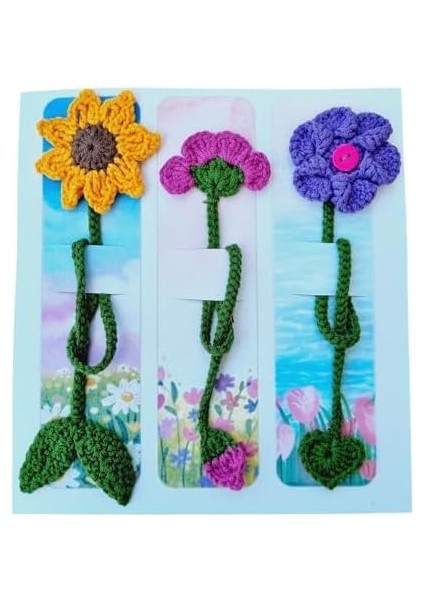 3&apos;lü El Örgüsü Çiçek Kitap Ayracı Seti - El Emeği Göz Nuru Ayçiçeği, Pembe ve Mor Çiçek Figürlü - Kitap Kurtlarına Özel Benzersiz Hediye Aksesuar fiyatları