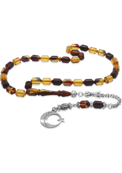 Kararmaz Metal Püsküllü Uçlu Kapsül Kesim Isim Yazılı Ayyıldız Plakalı Bonibon Ateş Kehribar Tesbih