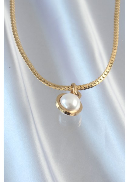316L Çelik Gold Renk Yassı Zincir Inci Taşlı Kolye - Lisinya fiyatları