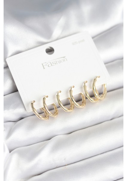 Pirinç Gold Renk Kemik Halka Model 925 Ayar Gümüş Çivili Kadın Küpe Seti - Lisinya