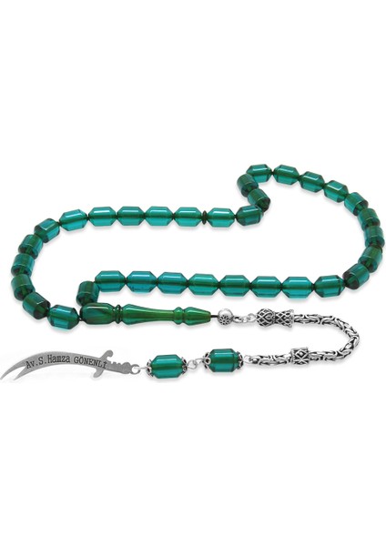 925 Ayar Gümüş Kral Püsküllü Uçlu Kapsül Kesim Isme Özel Yazılı Turkuaz Ateş Kehribar Tesbih