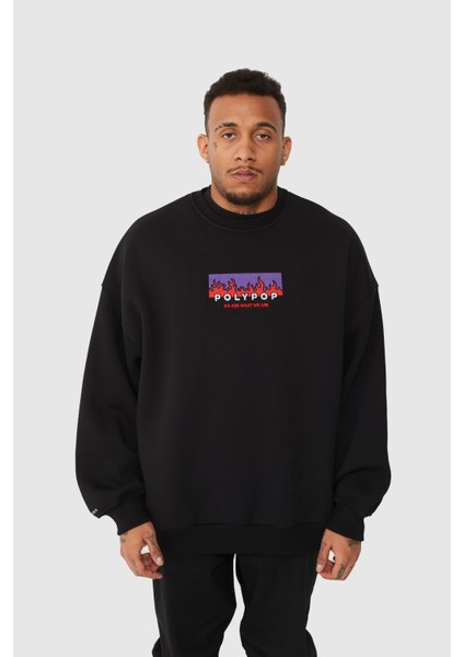 Fire Flame Oversize Fit Cepli Bisiklet Yaka Sweatshirt