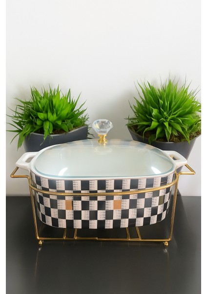 Mutfak Dam Desenli Dikdörgen Alttan Isıtmalı Porselen Tencere 30*22