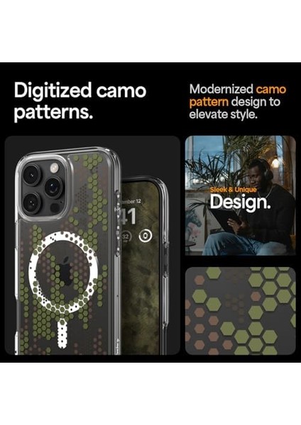 16 Pro ile Uyumlu Ince Magsafe Kılıf Ultra Hybrid Sararma Karşıtı Duraclear Hava Kanalı Teknolojisi Askeri Sınıf Koruma Magfit Digital Camo Tasarım Kapak - ACS08140 modelleri